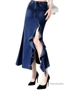 High Waist Ruffle Fishtail Denim Skirt Midi Slim Fit Stretchy